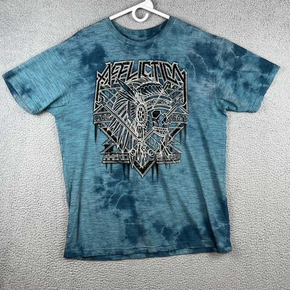 Affliction T Shirt Mens 2XL Blue Tie Dye Skull Headdress Graphic double‎ sided